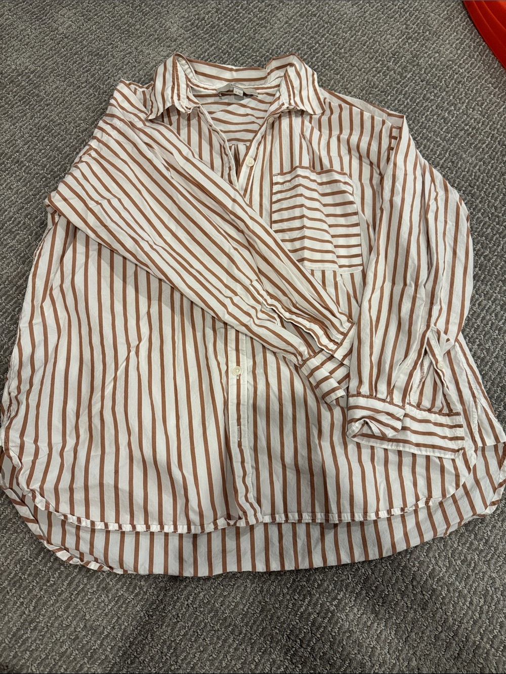 Loft Striped White and Brown Button-Up Women’s Shirt
